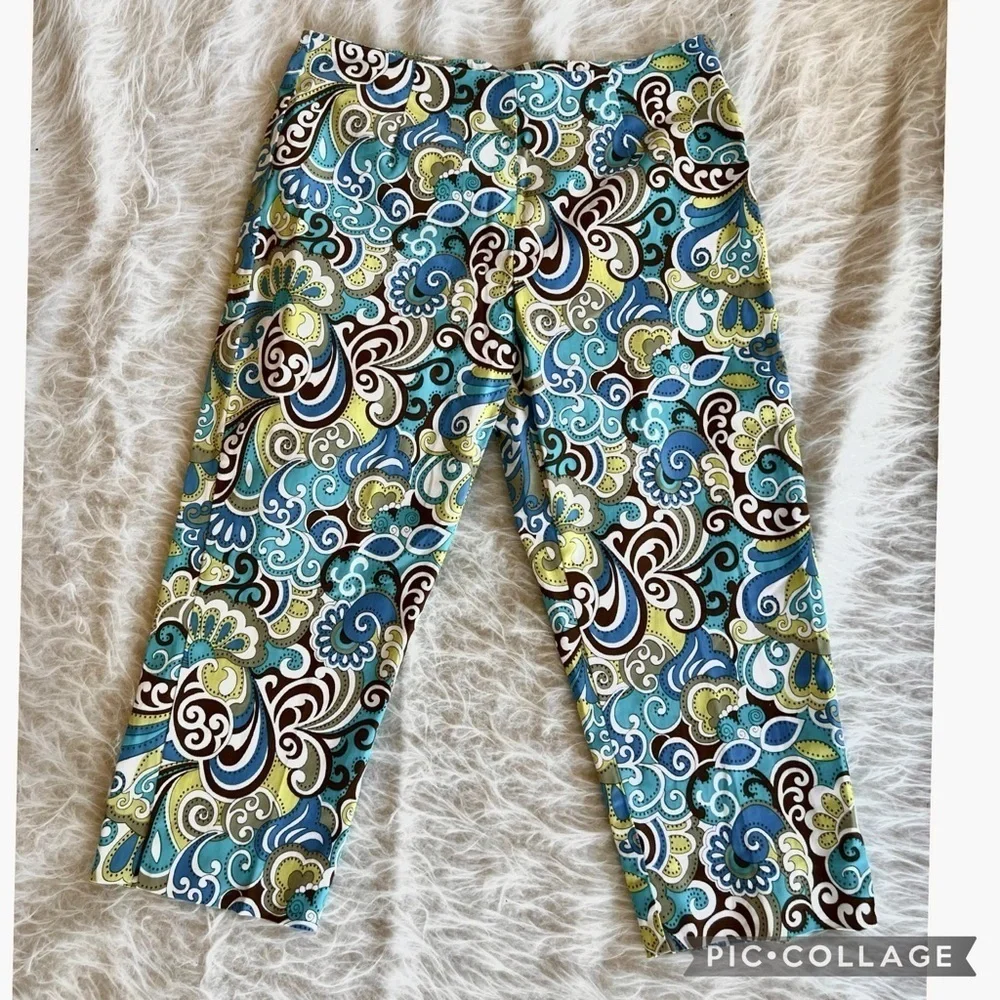 Boston Proper Blue Teal Paisley Cropped Capri Pants Retro Fits a Small